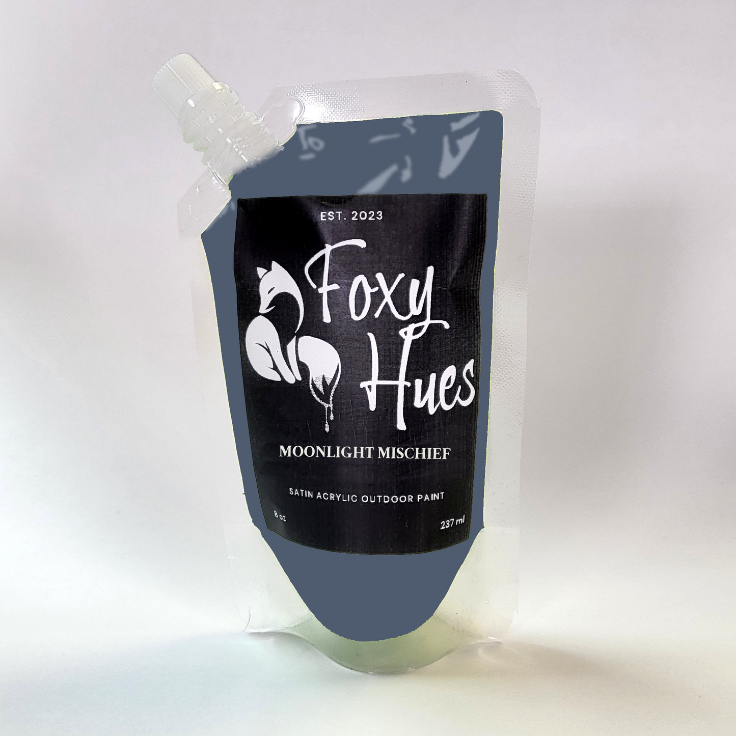 Foxy Hues paint pouch with black label on a white background