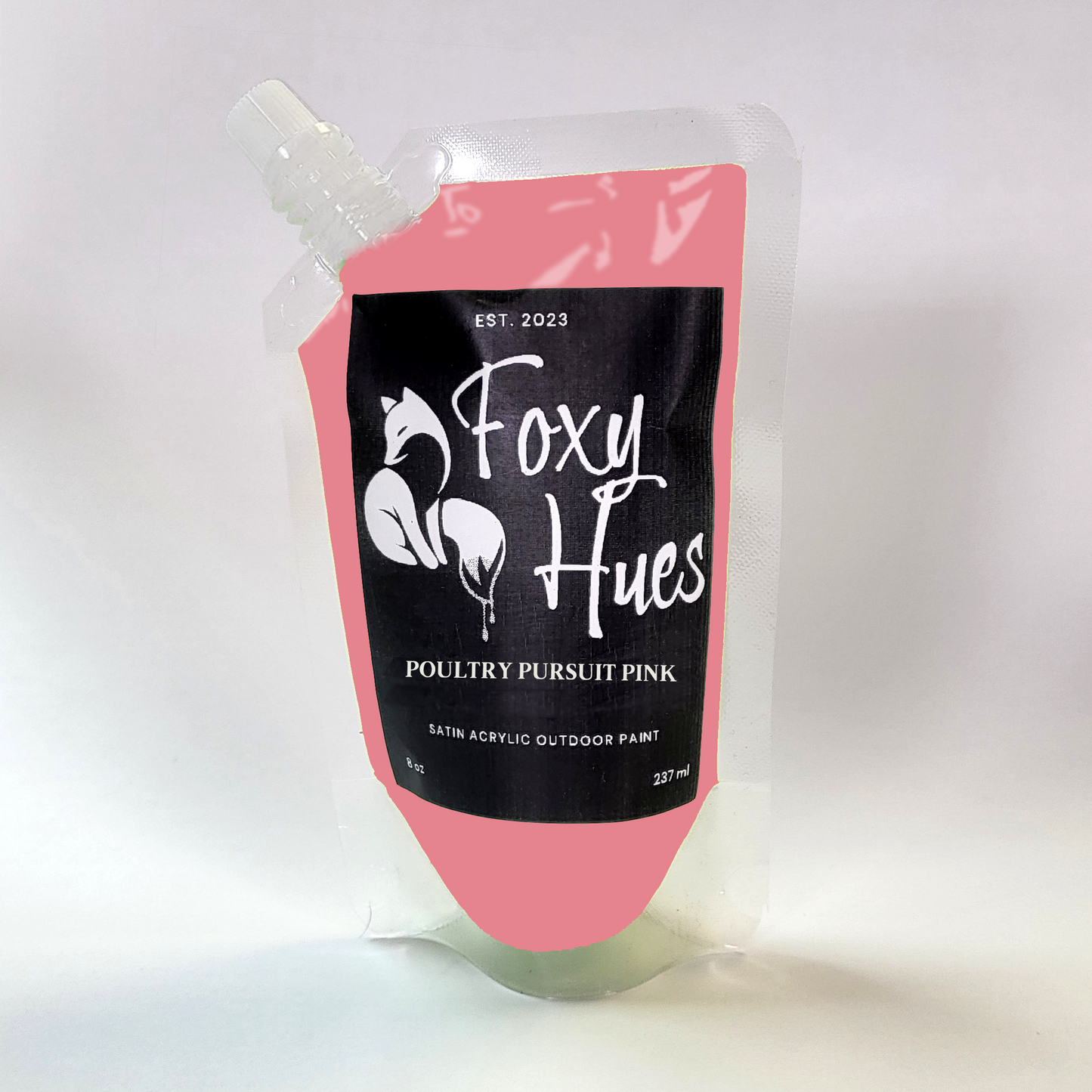 Pink paint pouch with 'Foxy Hues' branding on a white background