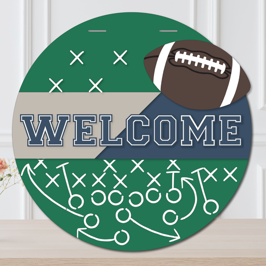 Circular decorative sign with football and playbook design, featuring the word 'WELCOME'.
