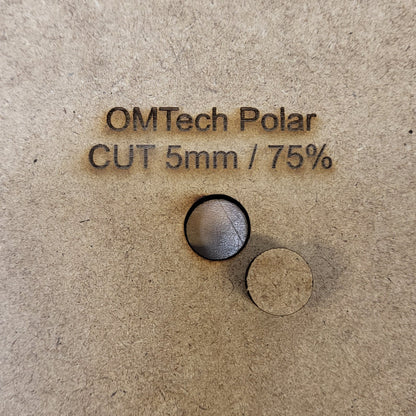 OMTech Polar cut sample on a MDF
