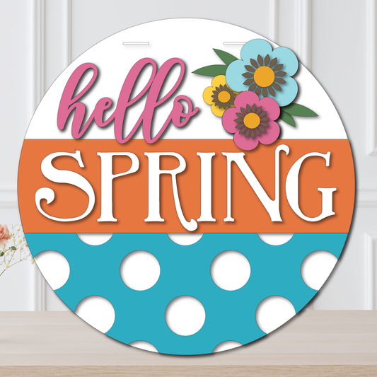Decorative sign with 'hello SPRING' text and floral elements on a white background