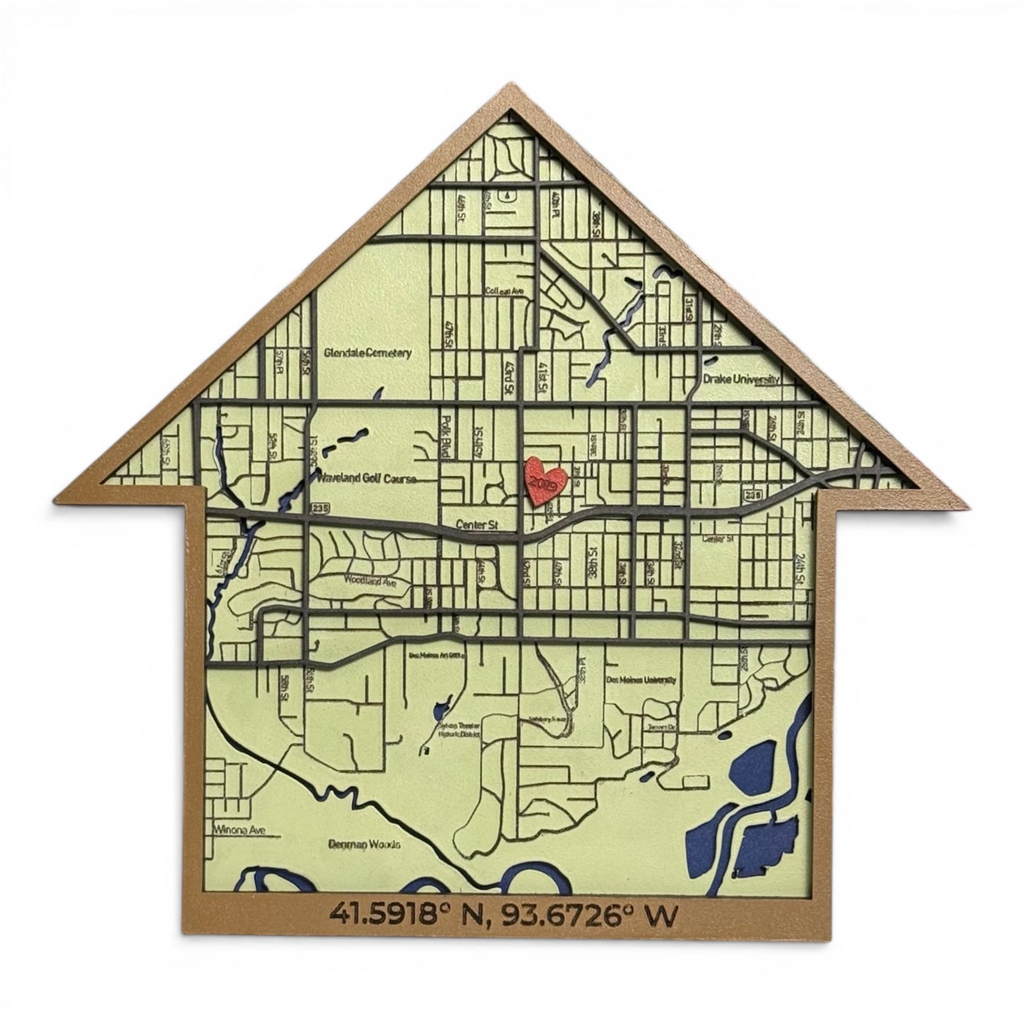 Map of a city in the shape of a house with a red heart and coordinates on a white background