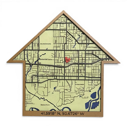 Map of a city in the shape of a house with a red heart and coordinates on a white background