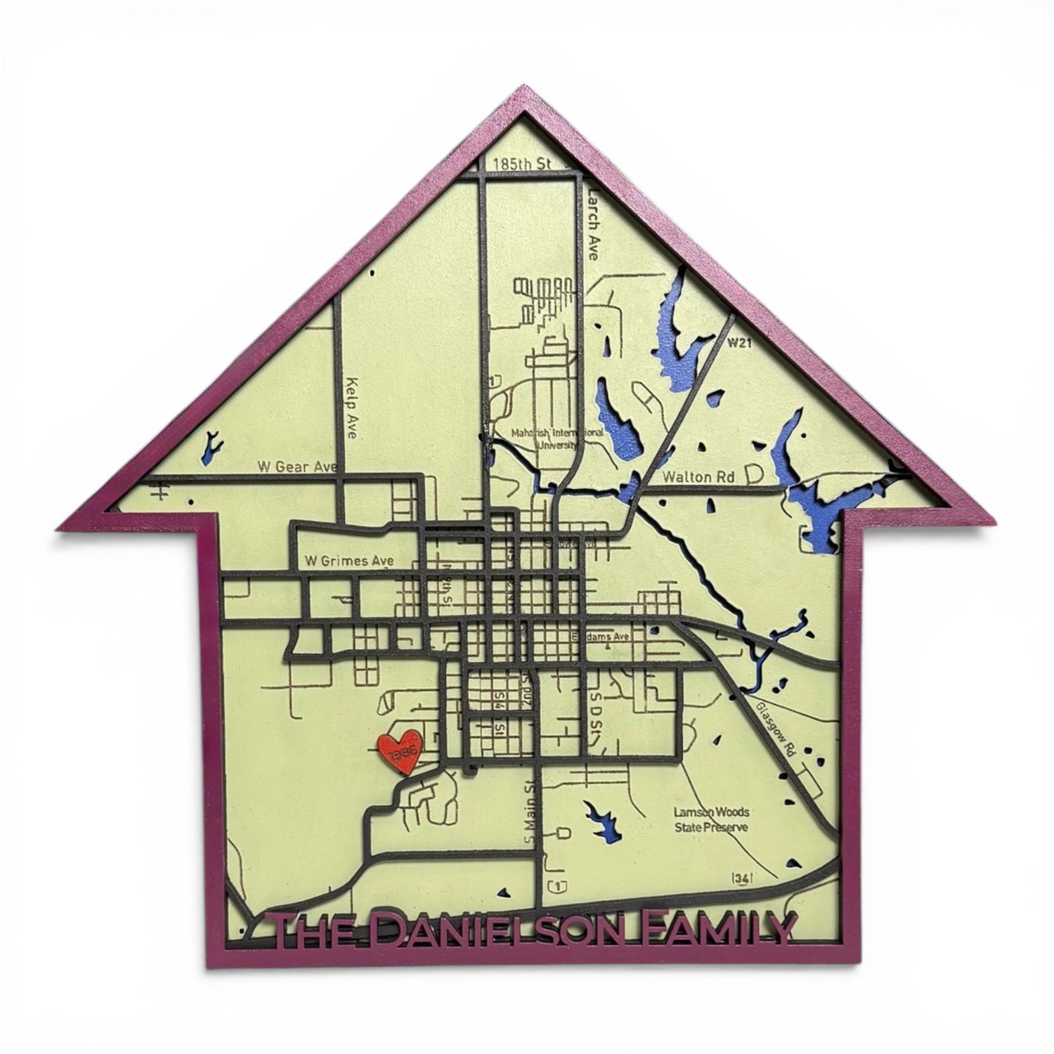 Map of a town shaped like a house with 'The Danielson Family' at the bottom.