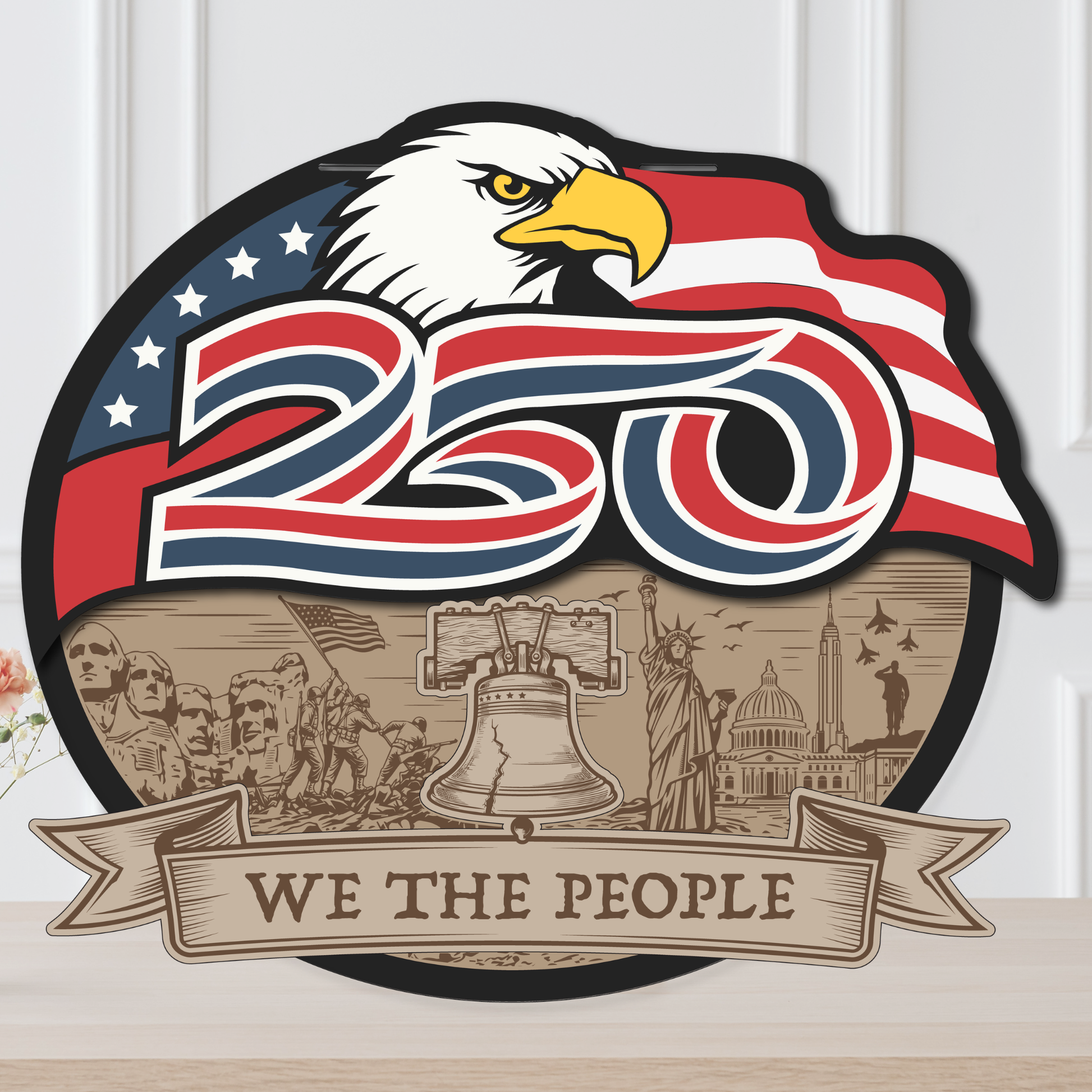Decorative sign with eagle, American flag, and 'We the People' text on a white background