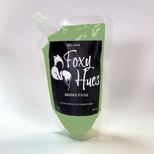 Green paint pouch with 'Foxy Hues' branding on a white background