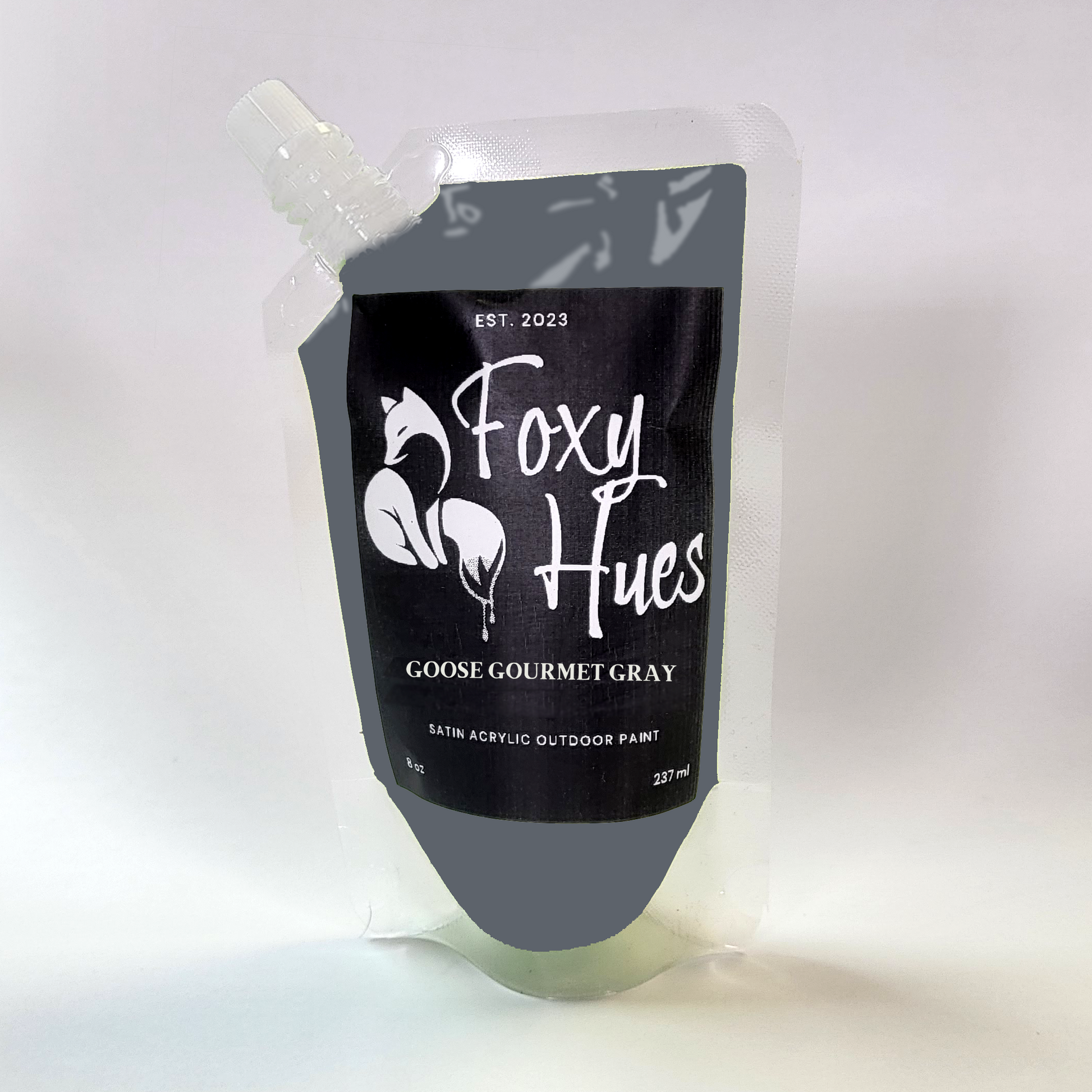 Goose Gourmet Gray paint pouch with 'Foxy Hues' branding on a white background
