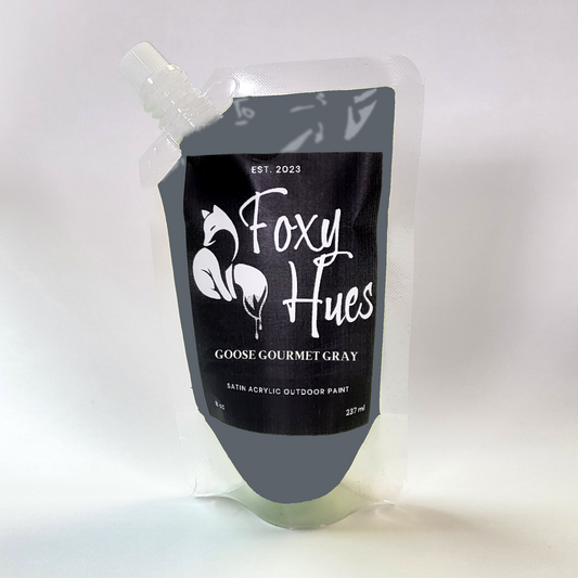 Goose Gourmet Gray paint pouch with 'Foxy Hues' branding on a white background
