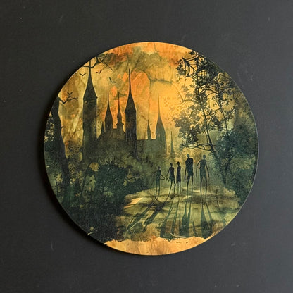 A circular coaster featuring a gothic fantasy illustration of a castle in a misty forest at night, with silhouetted figures walking along a path and a warm orange glow, set against a dark gray background.