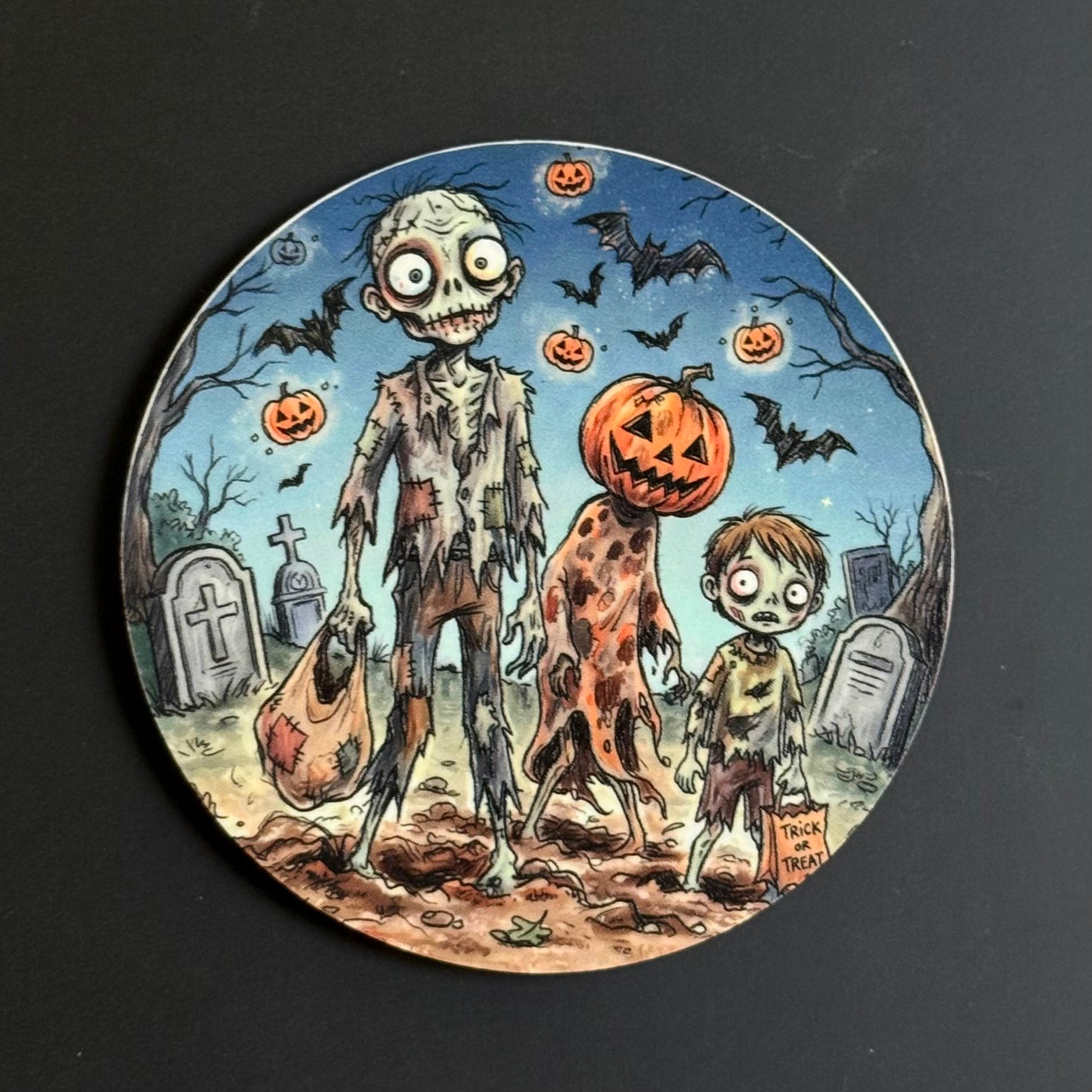 A round decorative plate or coaster featuring a Halloween illustration of three zombie-like figures in a graveyard with pumpkins, bats, tombstones, and a blue night sky, photographed against a dark background.