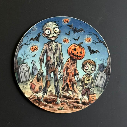 A round decorative plate or coaster featuring a Halloween illustration of three zombie-like figures in a graveyard with pumpkins, bats, tombstones, and a blue night sky, photographed against a dark background.