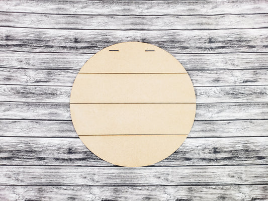 Round wooden board on a rustic wooden surface